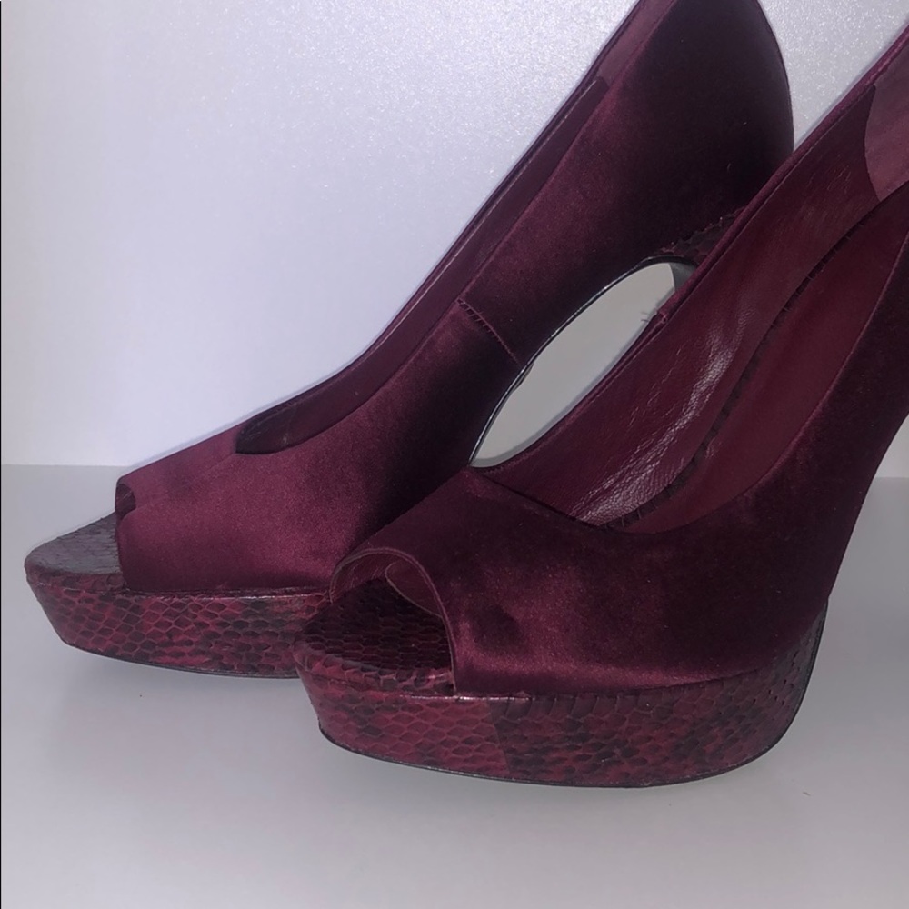 Tory Burch Satin Snakeskin Peep-Toe Platform Heels - Gem